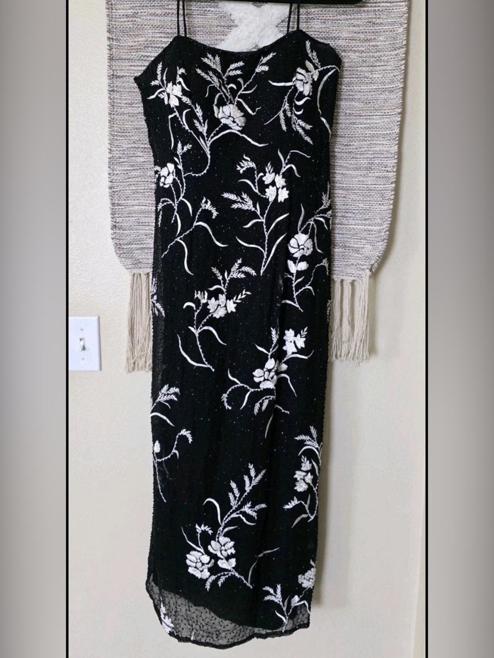 Vintage Y2K Montage Black Beaded Floral Embroidered Formal Midi Dress Sz M